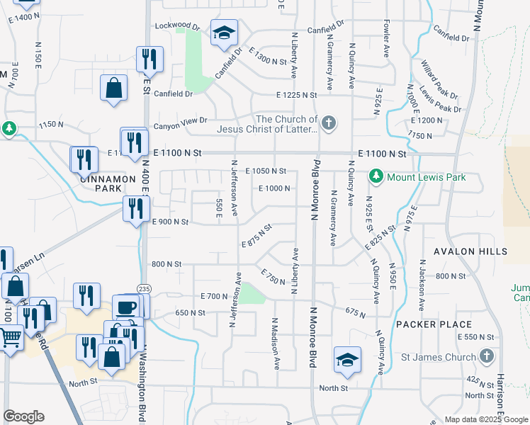 map of restaurants, bars, coffee shops, grocery stores, and more near 681 East 875 North Street in Ogden