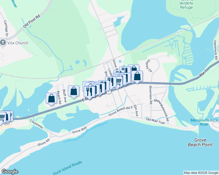map of restaurants, bars, coffee shops, grocery stores, and more near in Westbrook