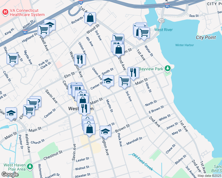 map of restaurants, bars, coffee shops, grocery stores, and more near in West Haven