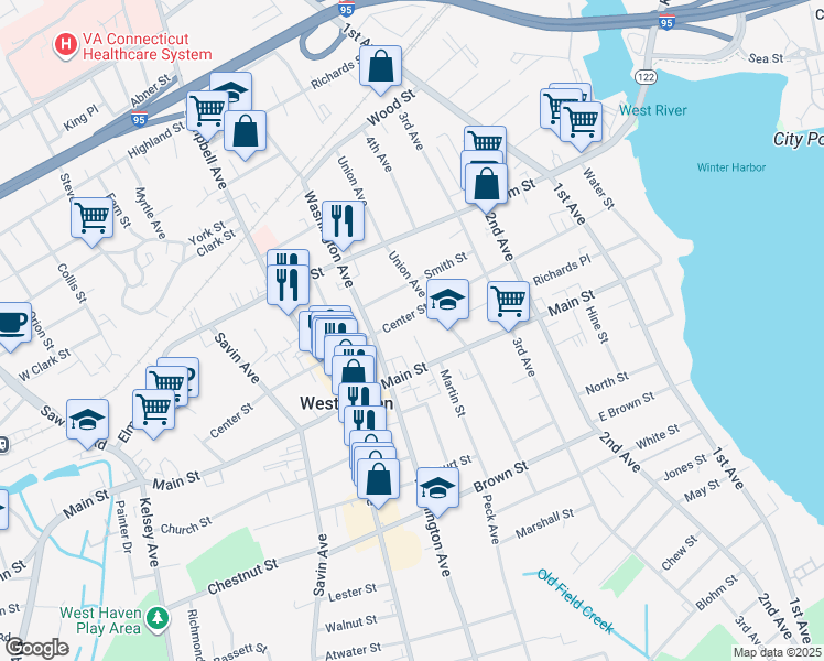map of restaurants, bars, coffee shops, grocery stores, and more near 545 Washington Avenue in West Haven