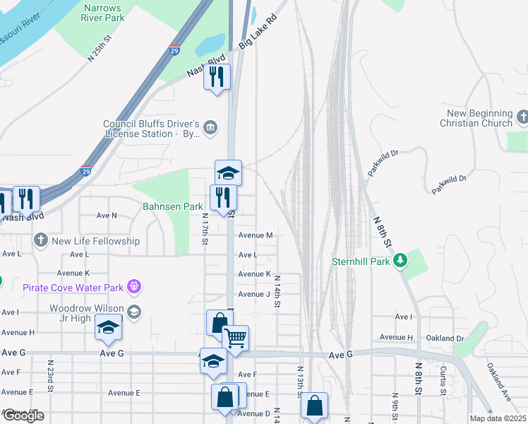 map of restaurants, bars, coffee shops, grocery stores, and more near 1402 Avenue M in Council Bluffs