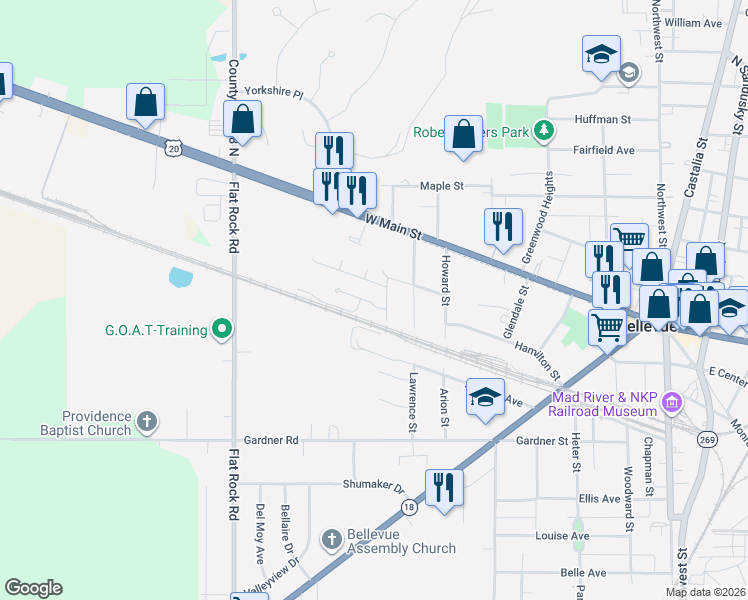 map of restaurants, bars, coffee shops, grocery stores, and more near N&w Street in Bellevue
