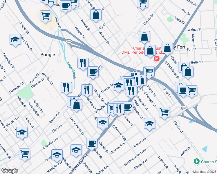 map of restaurants, bars, coffee shops, grocery stores, and more near 101 John Street in Kingston