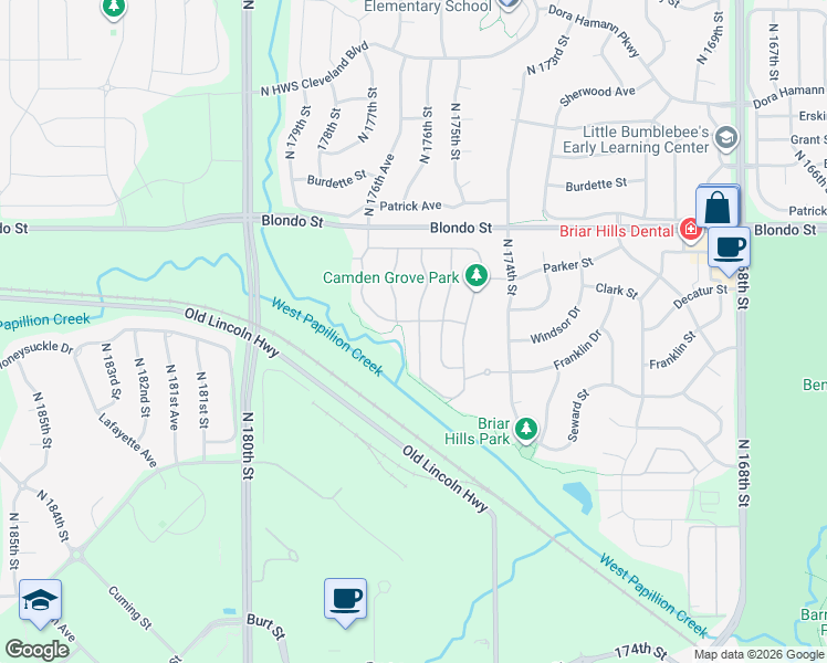 map of restaurants, bars, coffee shops, grocery stores, and more near 1754 North 176th Plaza in Omaha