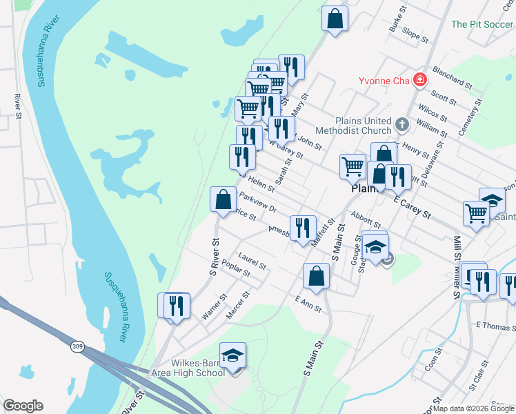 map of restaurants, bars, coffee shops, grocery stores, and more near 14 Price Street in Wilkes-Barre