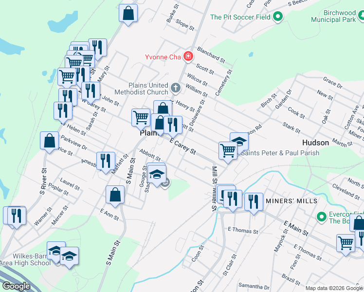 map of restaurants, bars, coffee shops, grocery stores, and more near 127-129 West Carey Street in Wilkes-Barre