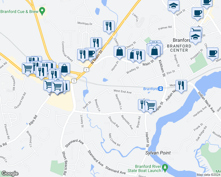 map of restaurants, bars, coffee shops, grocery stores, and more near 2 Swift Street in Branford