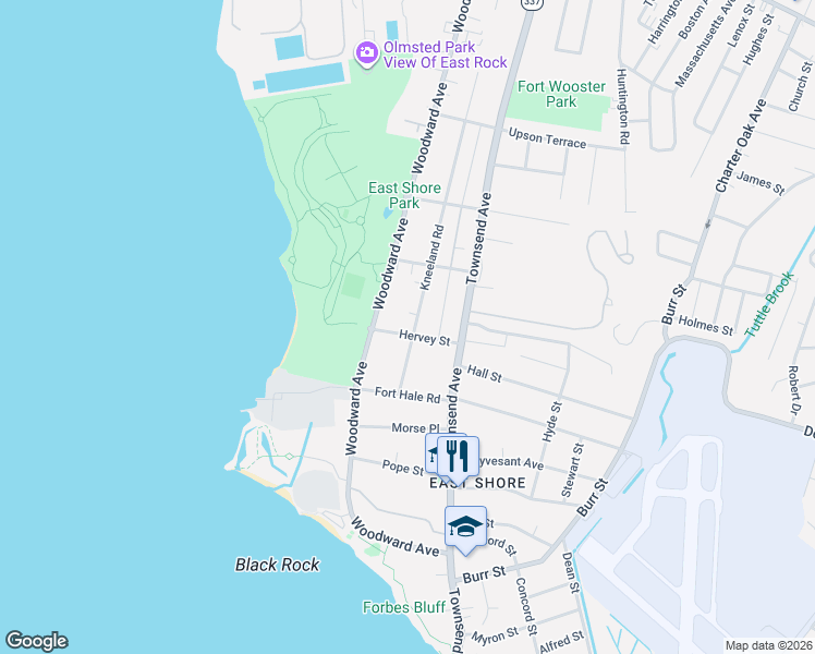 map of restaurants, bars, coffee shops, grocery stores, and more near 35 Hervey Street in New Haven