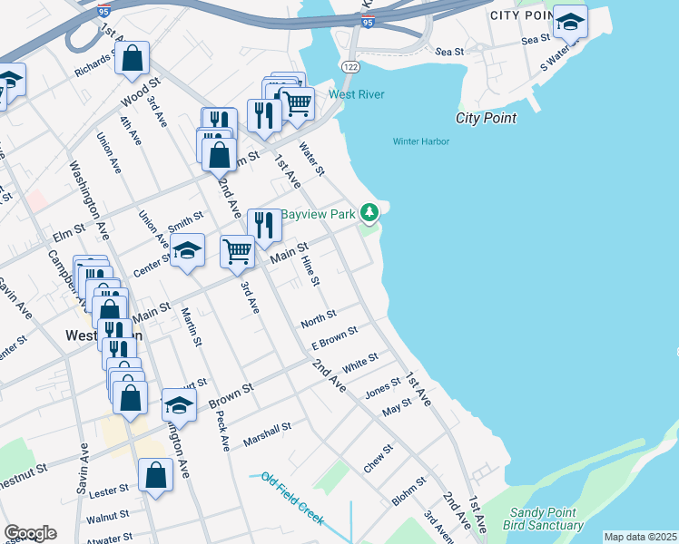map of restaurants, bars, coffee shops, grocery stores, and more near 21 Hine Street in West Haven