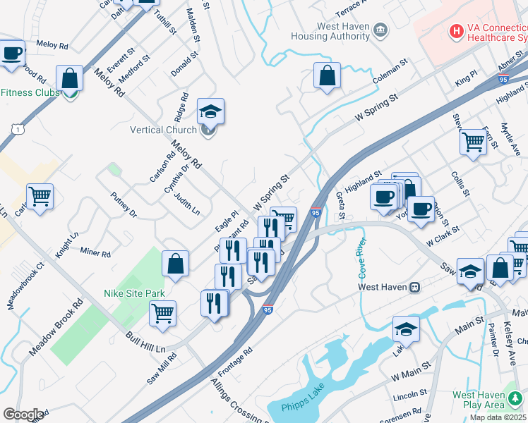 map of restaurants, bars, coffee shops, grocery stores, and more near 512 Highland Street Exd in West Haven