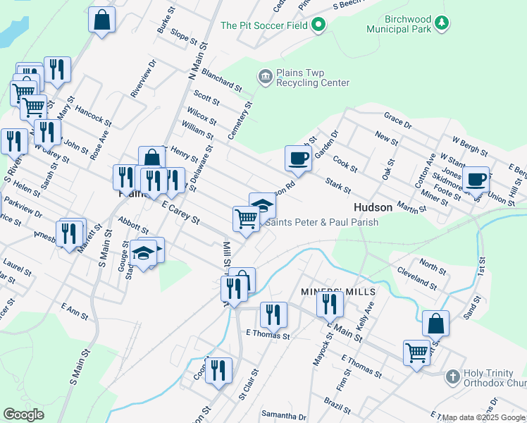 map of restaurants, bars, coffee shops, grocery stores, and more near 151-199 E Merritt St in Wilkes-Barre