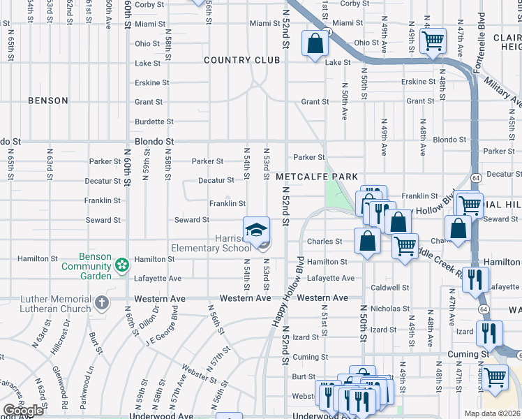 map of restaurants, bars, coffee shops, grocery stores, and more near 1519 North 54th Street in Omaha