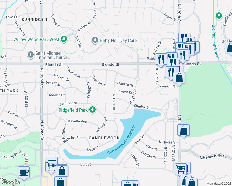 map of restaurants, bars, coffee shops, grocery stores, and more near 1439 North 126th Street in Omaha