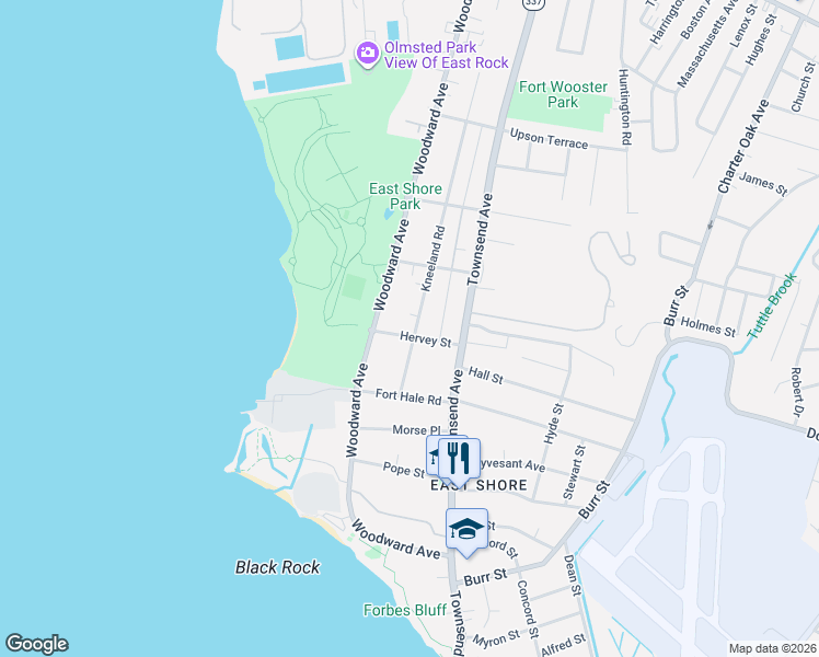 map of restaurants, bars, coffee shops, grocery stores, and more near 35 Hervey Street in New Haven