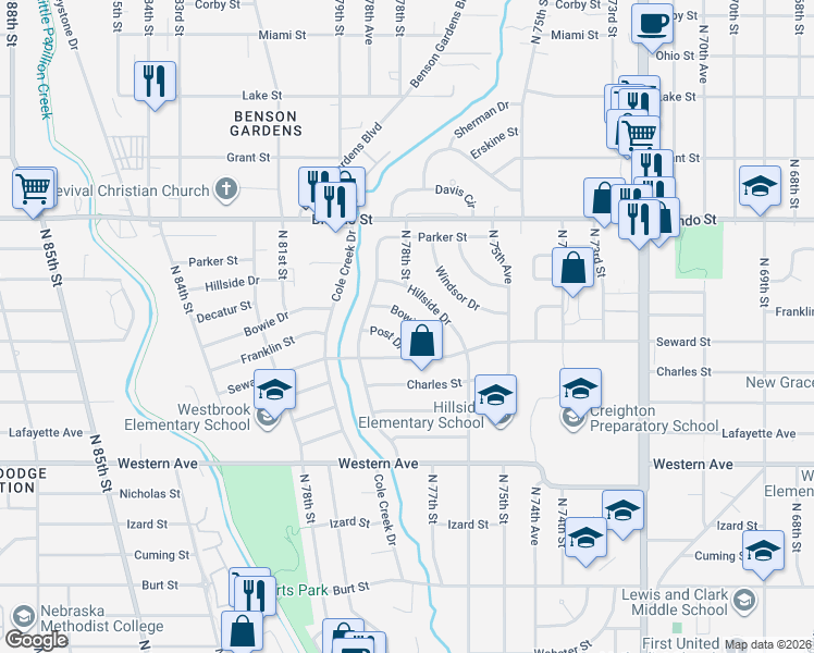 map of restaurants, bars, coffee shops, grocery stores, and more near 7726 Seward Street in Omaha