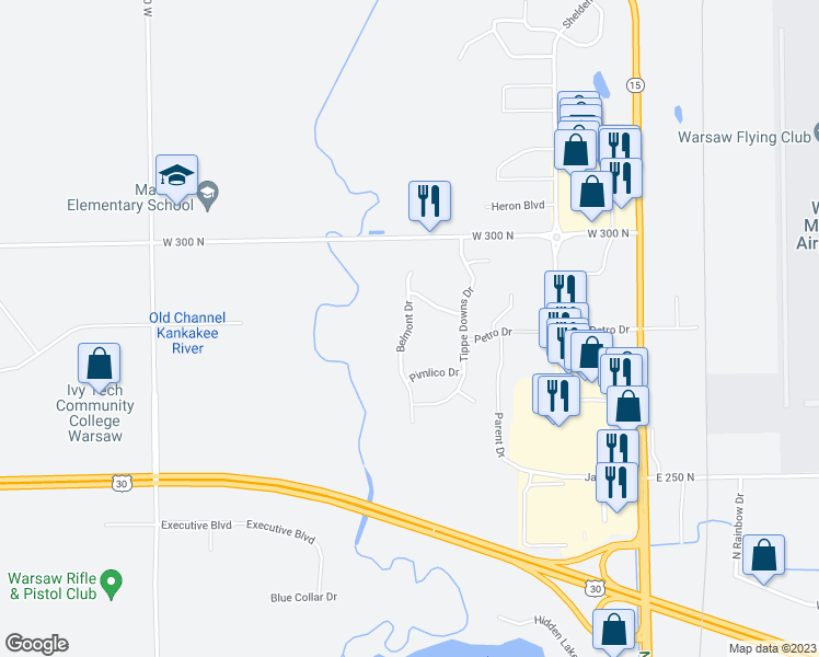 map of restaurants, bars, coffee shops, grocery stores, and more near Belmont Drive in Warsaw