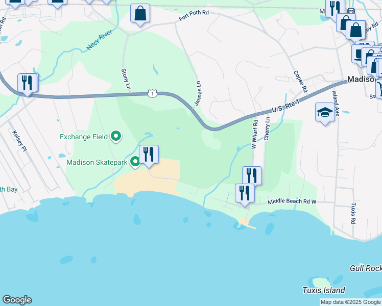 map of restaurants, bars, coffee shops, grocery stores, and more near 8 West Wharf Road in Madison