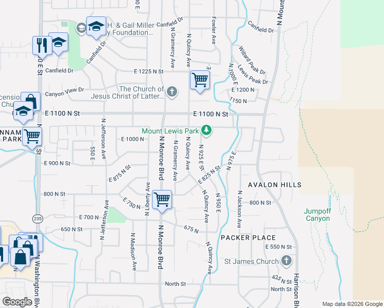 map of restaurants, bars, coffee shops, grocery stores, and more near 950 North Quincy Avenue in Ogden