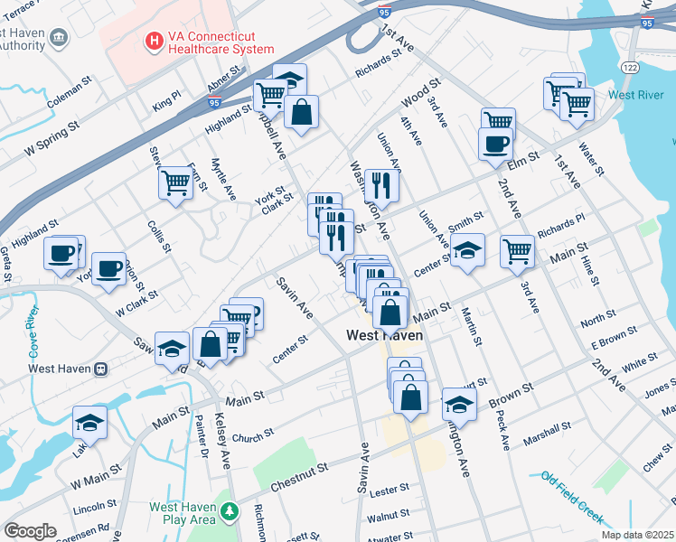 map of restaurants, bars, coffee shops, grocery stores, and more near 14 Savin Court in West Haven