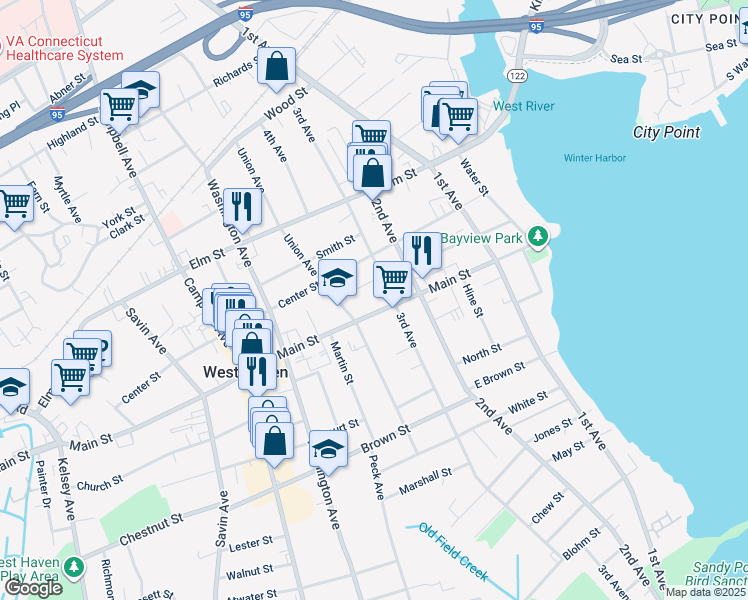 map of restaurants, bars, coffee shops, grocery stores, and more near 193 Main Street in West Haven