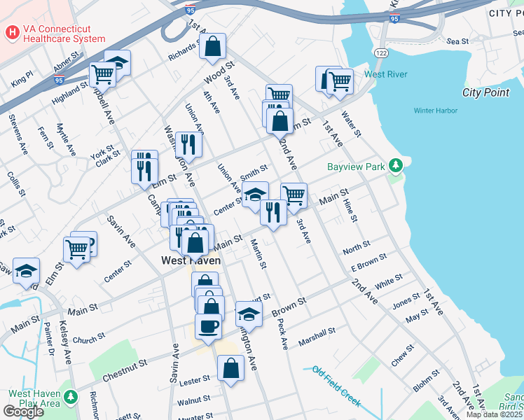 map of restaurants, bars, coffee shops, grocery stores, and more near in West Haven