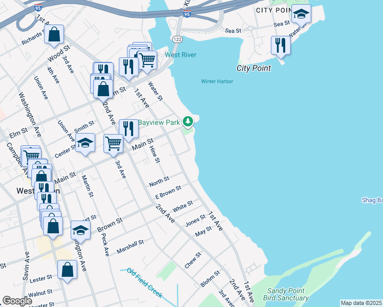 map of restaurants, bars, coffee shops, grocery stores, and more near 215 1st Avenue in West Haven
