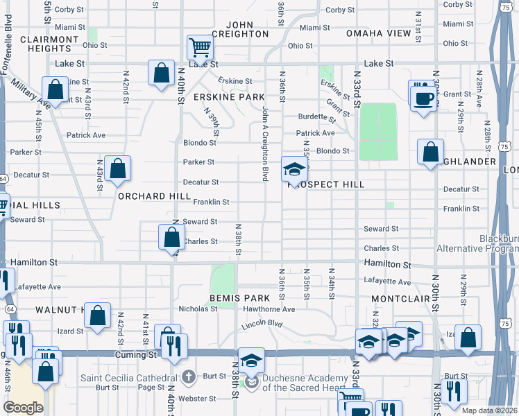 map of restaurants, bars, coffee shops, grocery stores, and more near 3617 Seward Street in Omaha