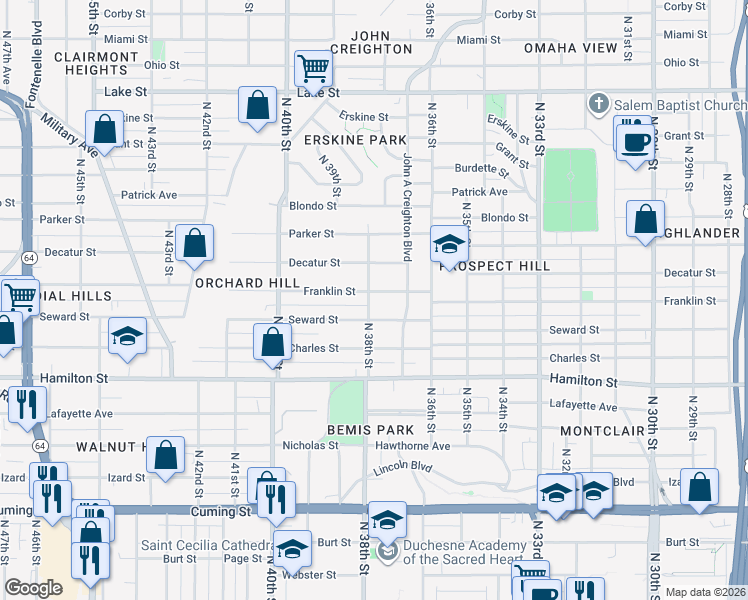 map of restaurants, bars, coffee shops, grocery stores, and more near 1521 North 38th Street in Omaha