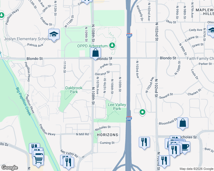 map of restaurants, bars, coffee shops, grocery stores, and more near 1607 North 107th Street in Omaha