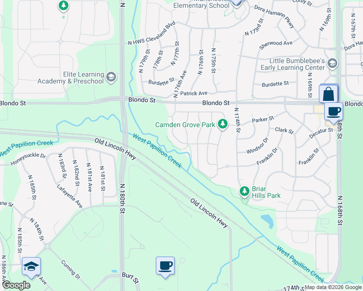 map of restaurants, bars, coffee shops, grocery stores, and more near 1726 North 176th Plaza in Omaha