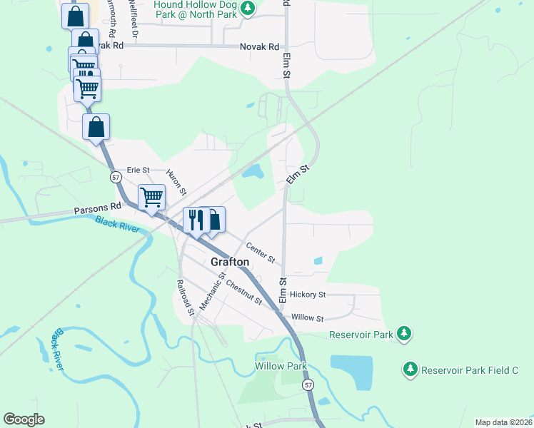 map of restaurants, bars, coffee shops, grocery stores, and more near 1033 Mechanic Street in Grafton