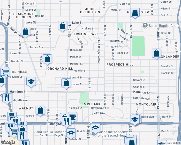 map of restaurants, bars, coffee shops, grocery stores, and more near 1521 North 38th Street in Omaha