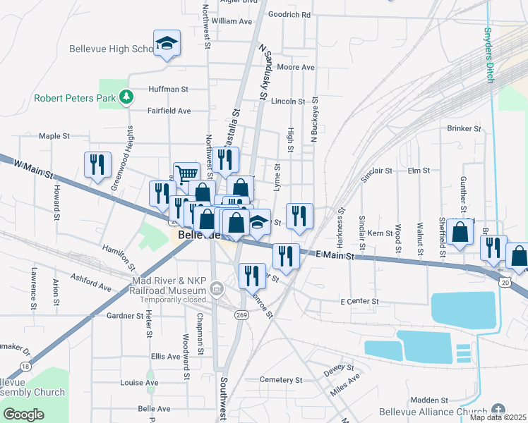 map of restaurants, bars, coffee shops, grocery stores, and more near 215 North Street in Bellevue