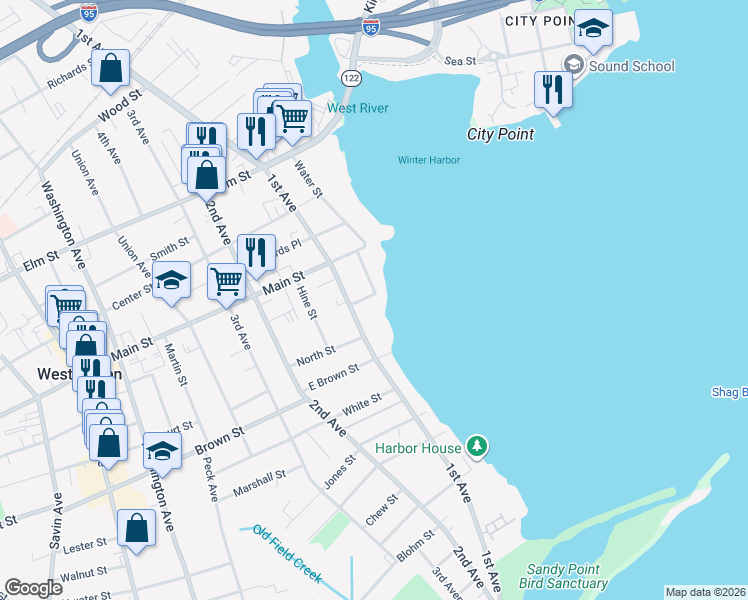 map of restaurants, bars, coffee shops, grocery stores, and more near 215 1st Avenue in West Haven