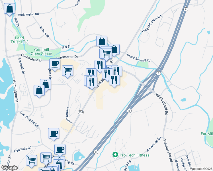 map of restaurants, bars, coffee shops, grocery stores, and more near 707 Bridgeport Avenue in Shelton