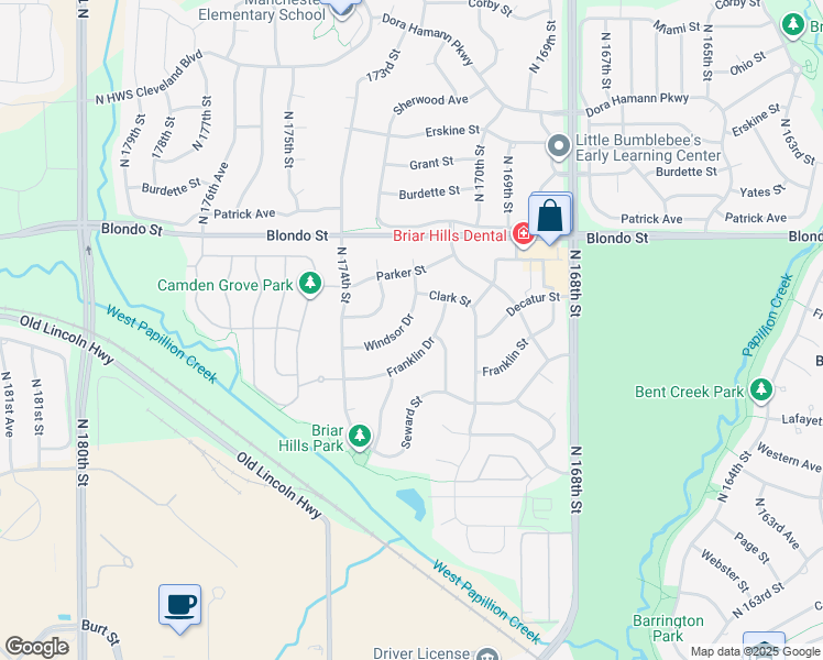 map of restaurants, bars, coffee shops, grocery stores, and more near 17207 Windsor Drive in Omaha
