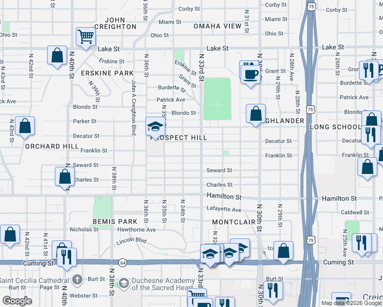 map of restaurants, bars, coffee shops, grocery stores, and more near 3327 Decatur Street in Omaha