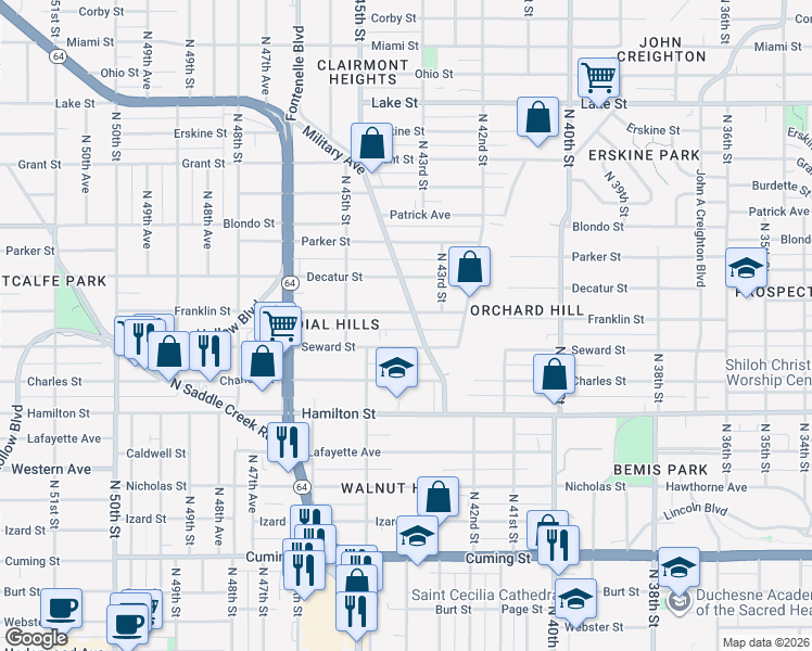 map of restaurants, bars, coffee shops, grocery stores, and more near 1708 Military Avenue in Omaha