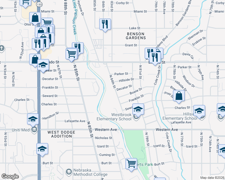 map of restaurants, bars, coffee shops, grocery stores, and more near 1813 North 84th Street in Omaha