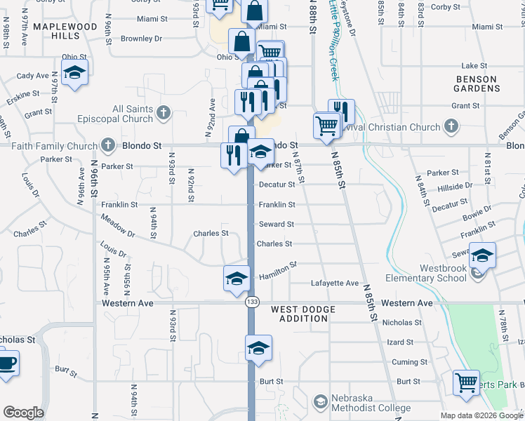 map of restaurants, bars, coffee shops, grocery stores, and more near 1716 North 90th Avenue in Omaha