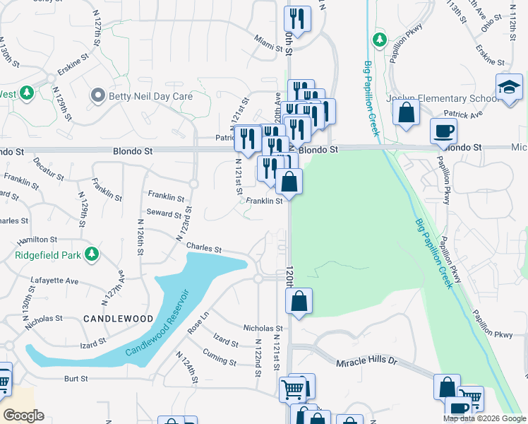 map of restaurants, bars, coffee shops, grocery stores, and more near 1702 120th Street in Omaha