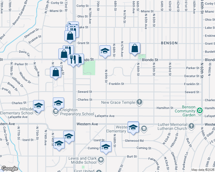 map of restaurants, bars, coffee shops, grocery stores, and more near 1624 North 69th Street in Omaha