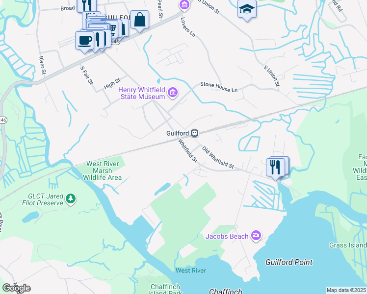 map of restaurants, bars, coffee shops, grocery stores, and more near 311 Old Whitfield Street in Guilford