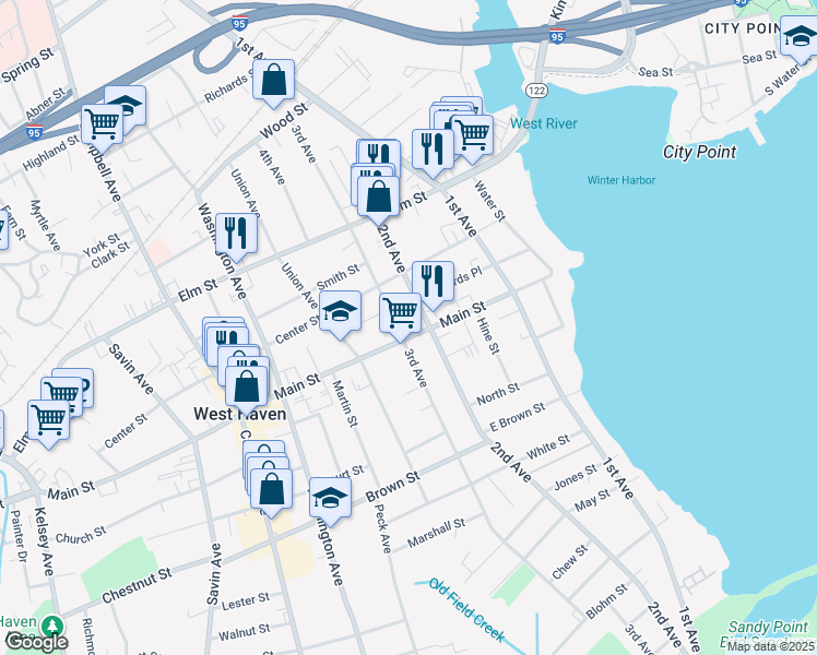 map of restaurants, bars, coffee shops, grocery stores, and more near 519 3rd Avenue in West Haven