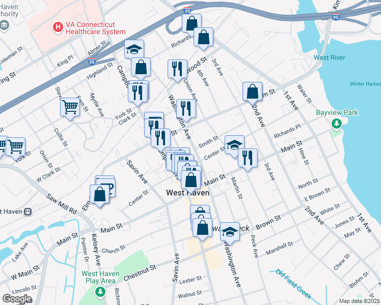 map of restaurants, bars, coffee shops, grocery stores, and more near 620 Washington Avenue in West Haven