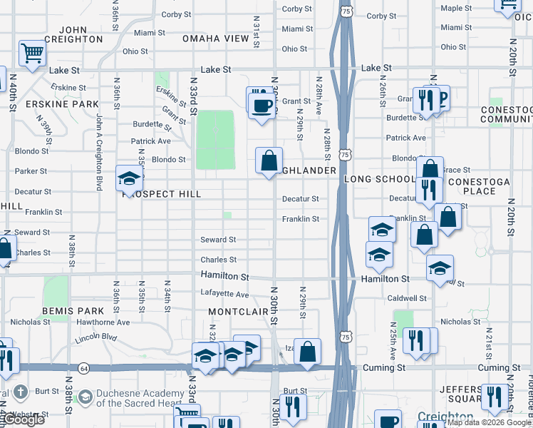 map of restaurants, bars, coffee shops, grocery stores, and more near in Omaha