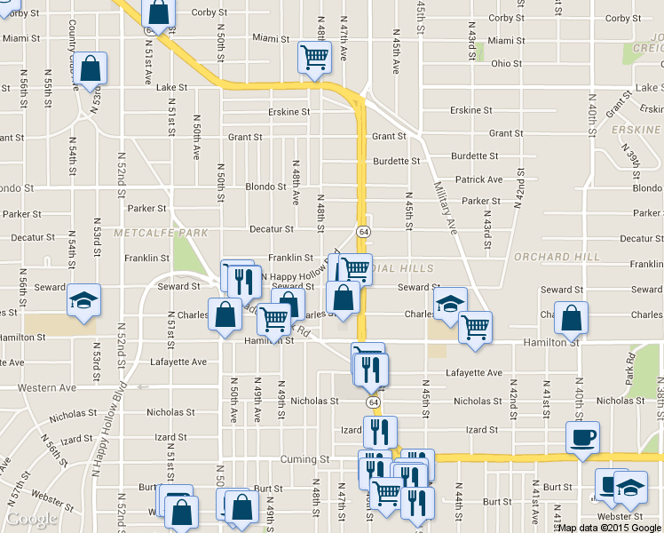 map of restaurants, bars, coffee shops, grocery stores, and more near 4736 Franklin Street in Omaha
