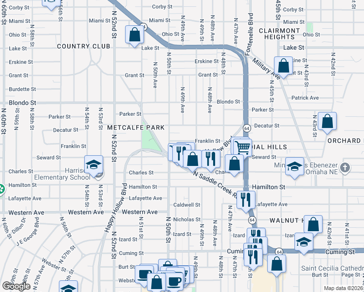 map of restaurants, bars, coffee shops, grocery stores, and more near 4934 Franklin Street in Omaha
