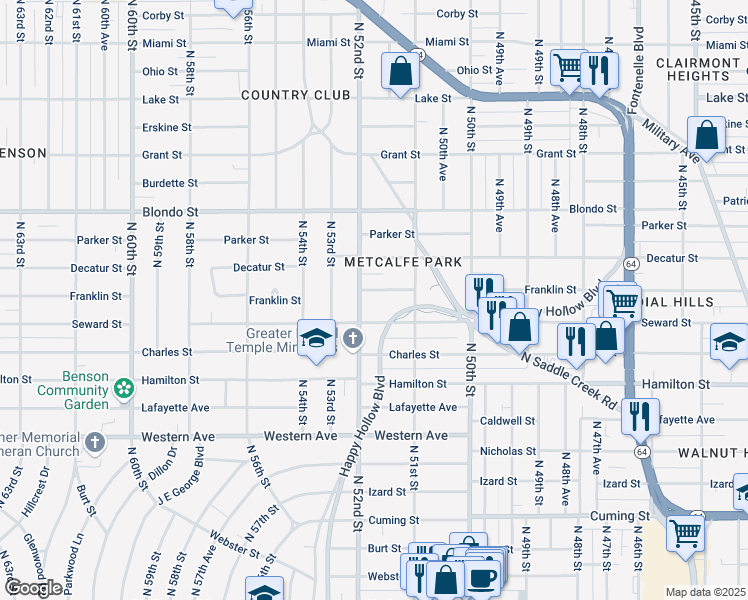 map of restaurants, bars, coffee shops, grocery stores, and more near 5136 Franklin Street in Omaha