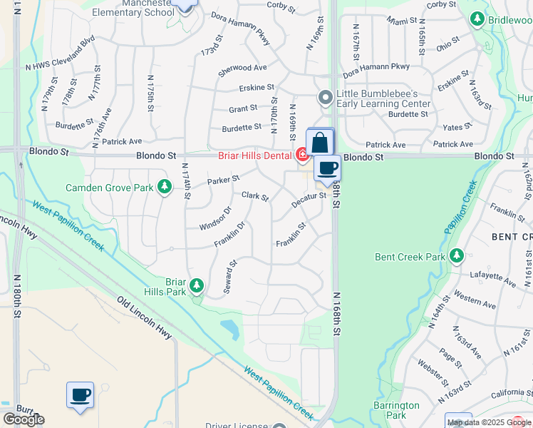 map of restaurants, bars, coffee shops, grocery stores, and more near 17105 Clark Street in Omaha